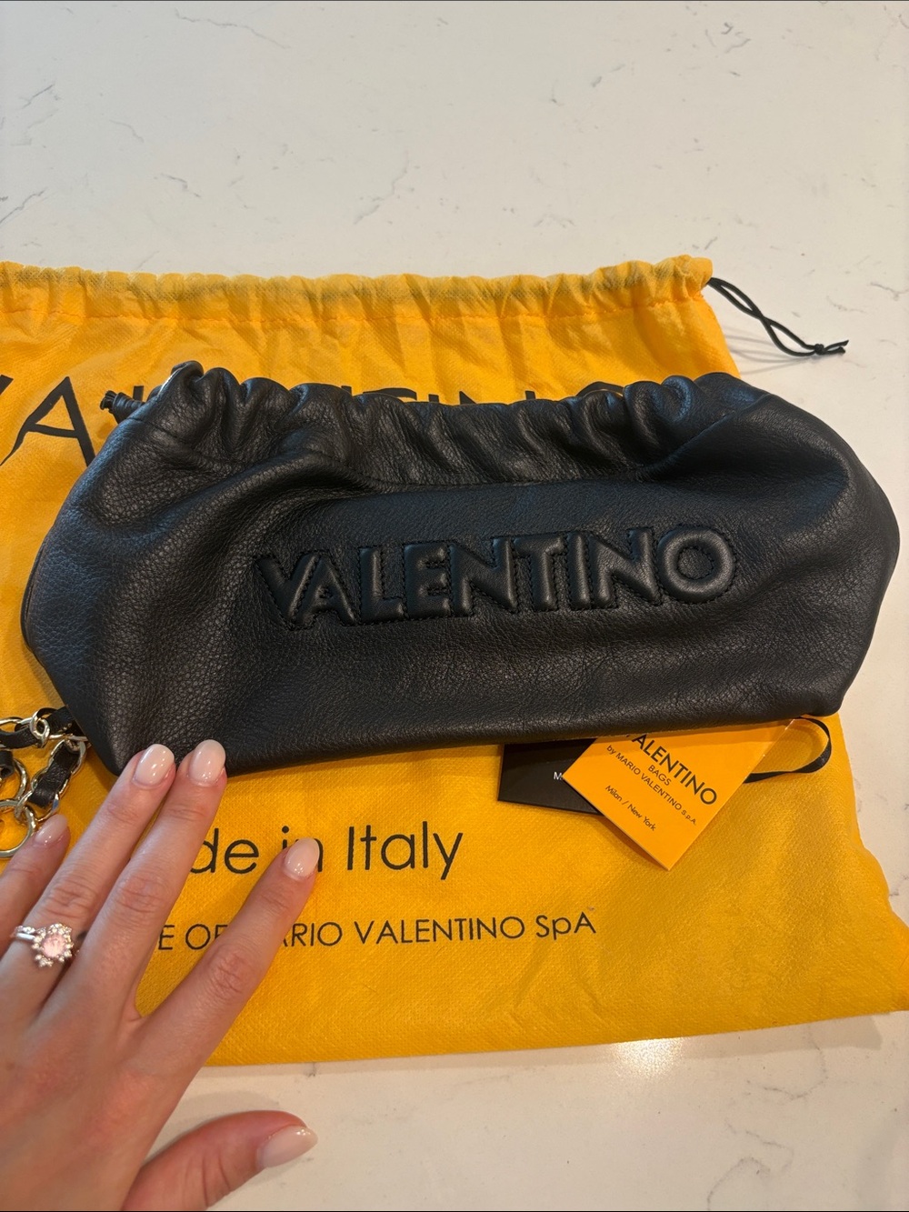 Valentino Black Leather Ruched Logo Clutch